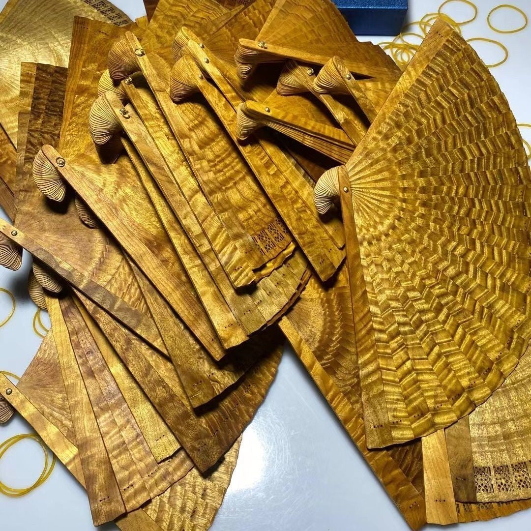 Golden Phoebe Mini Folding Fan 100% Handmade Water Ripple Suzhou Style
