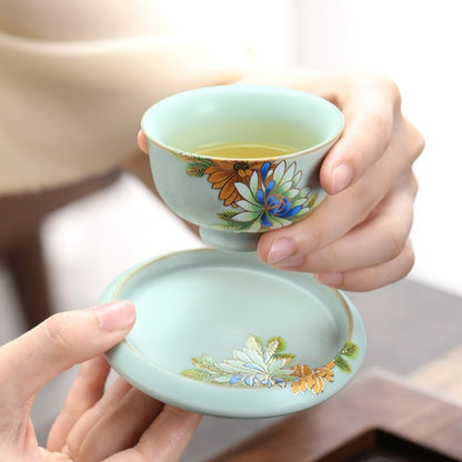 Ruyao Craft Porcelain Gaiwan Matching Tea Cup Pot Floral Pattern Pitcher Tureen
