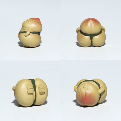3.4" Handmade Tea Pet Sumo Fat Man Chinese Yixing Carved Peach Fengshui Teapot