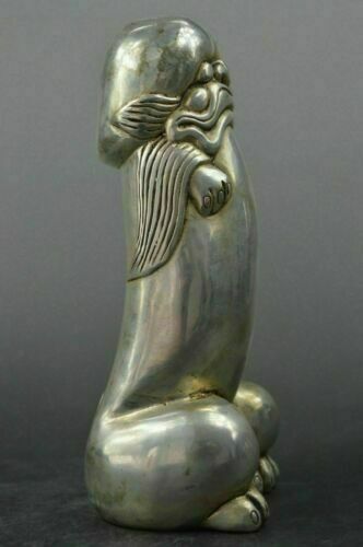 Chinese Tibet Silver Carved Guard Foo Dogs Lion Male Statues