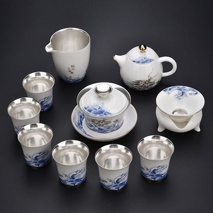 999 Sterling Silver Tea Set Porcelain Jingdezhen Tea Pot Gaiwan Dragon Print Cup
