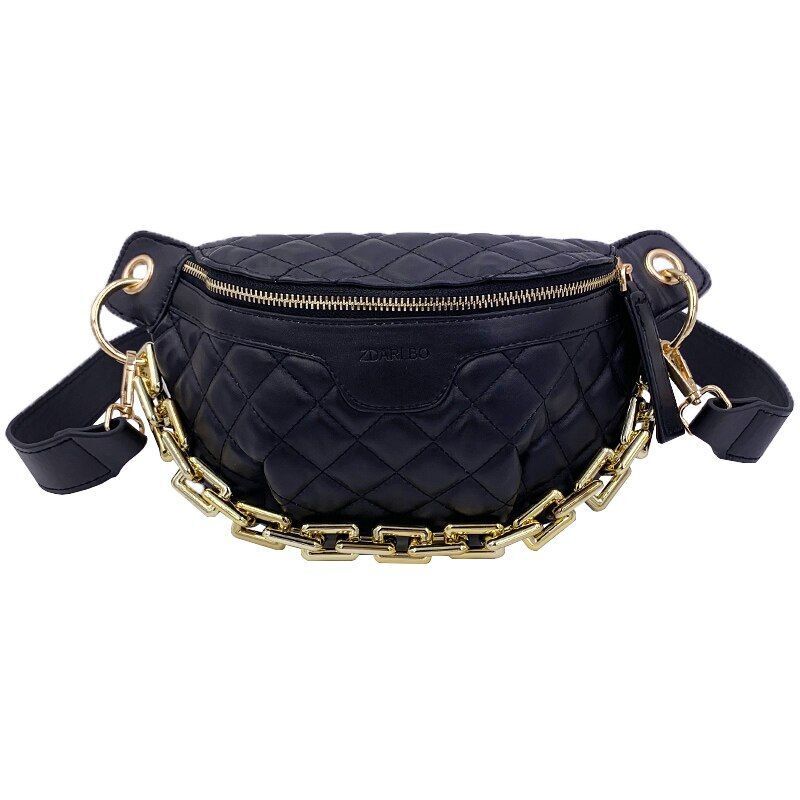 Thick Chain Fanny Pack Plaid Leather Waist Bag Shoulder Crossbody Handbags Belt