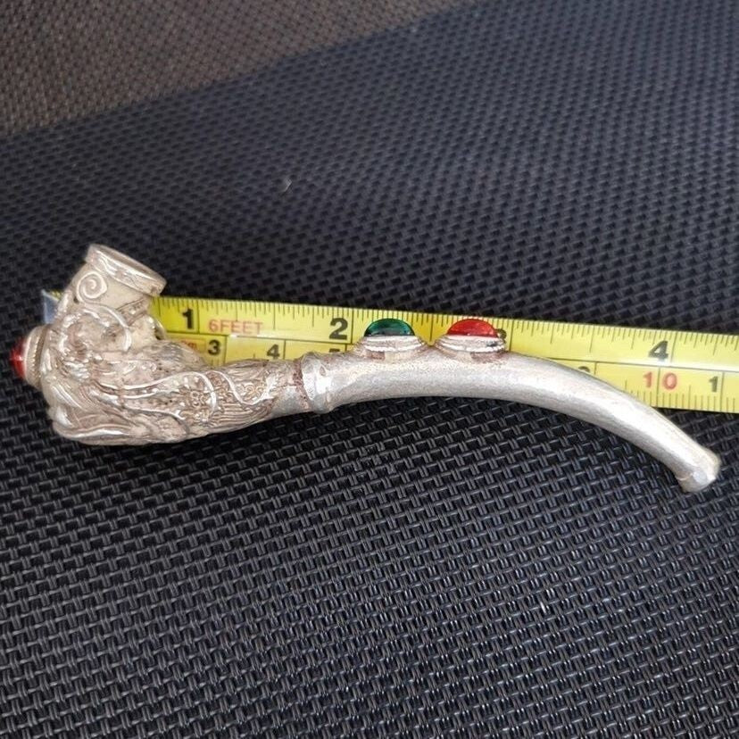 Old Chinese tibet hand-carved Dragon phoenix inlay gem pipe Smoking tools