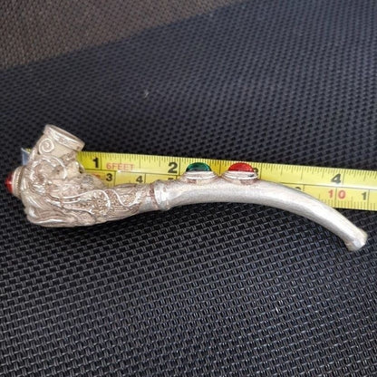 Old Chinese tibet hand-carved Dragon phoenix inlay gem pipe Smoking tools