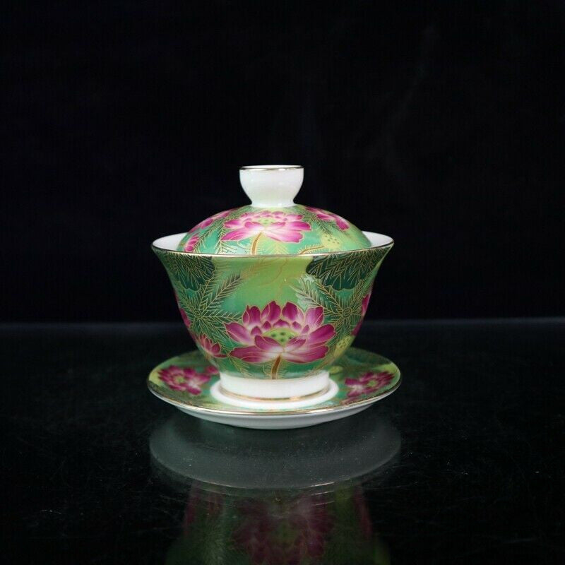 Chinese Jingdezhen Painted Pastel Lotus Flower Pattern Covered Bowl Tea Cup