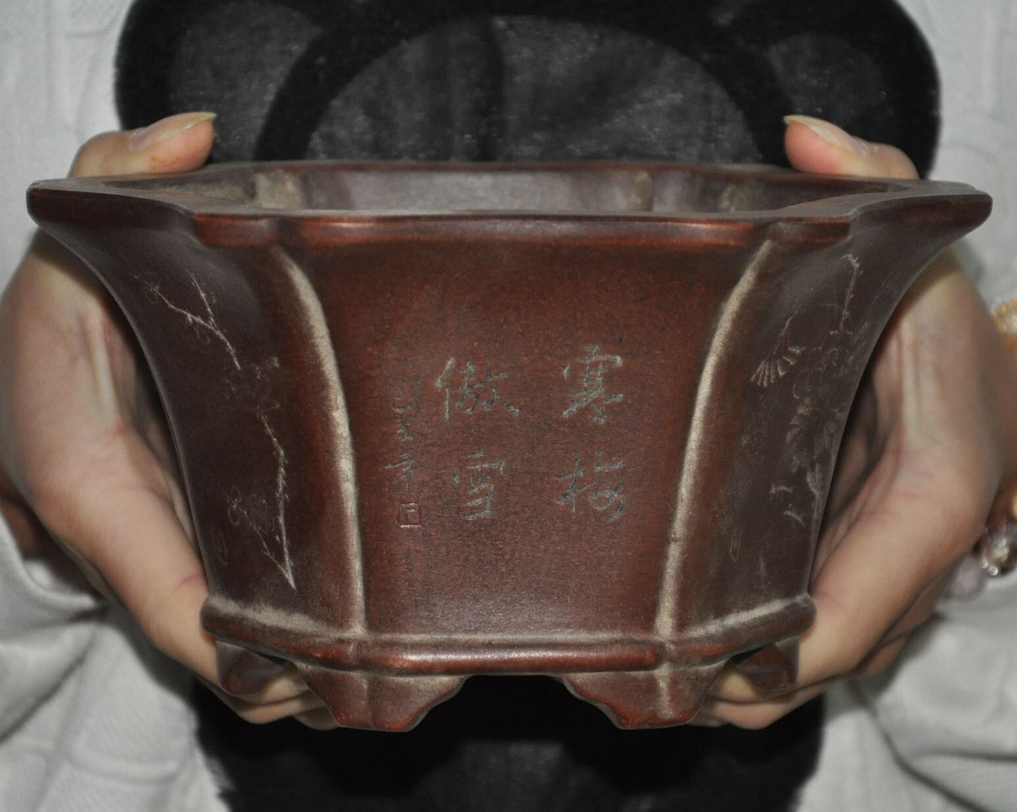 7" Chinese yixing zisha pottery calligraphy orchid flower pot Bonsai Potted pots