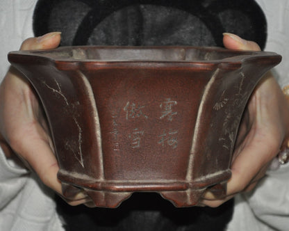 7" Chinese yixing zisha pottery calligraphy orchid flower pot Bonsai Potted pots