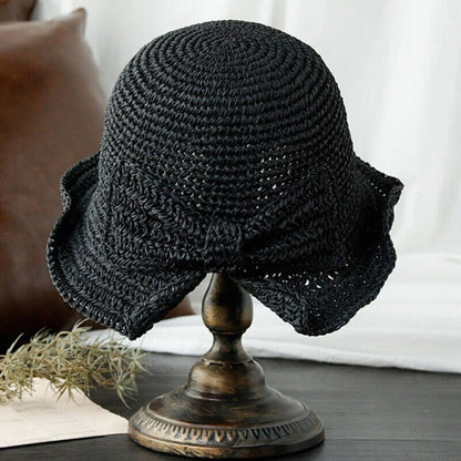 Women Vintage Fashion Folding Straw Bucket Hat Braid Summer Beach Sun Hat w/ Bow