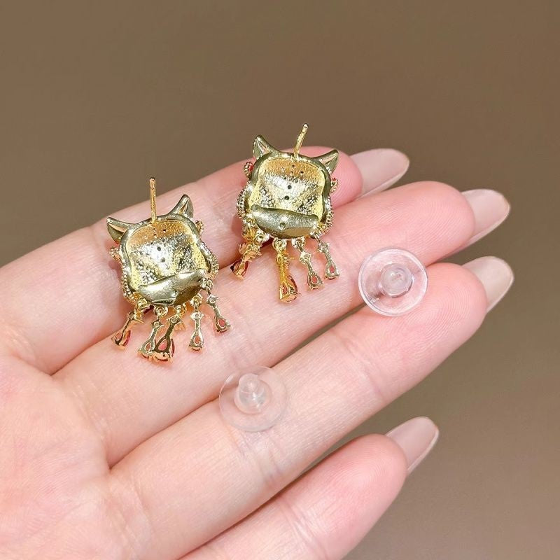 Chinese Lion Dance Enamel Stud Earrings Zircon Accents