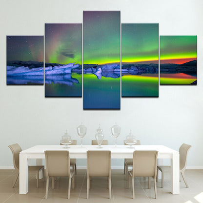 HD Prints Paintings 5 Pieces Green Aurora rainbow Lake Hill Night No Framed