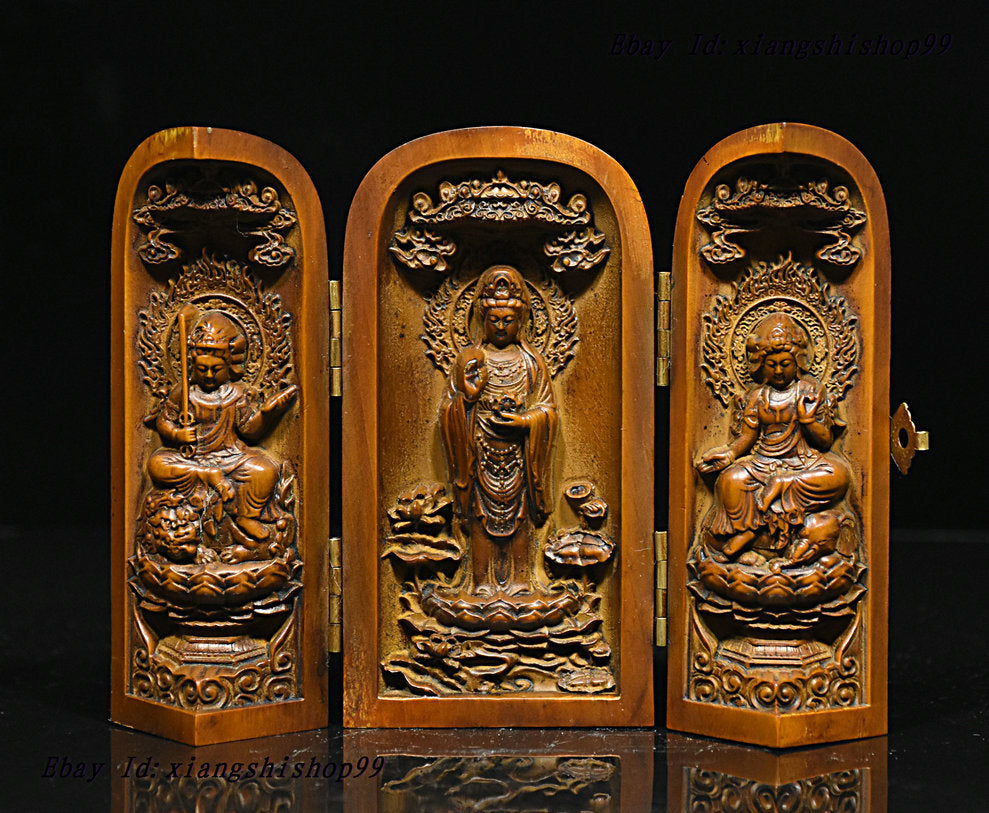 Chinese Boxwood Wood GuanYin Manjushri Samantabhadra 3 goddess buddha statue box