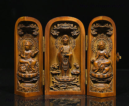 Chinese Boxwood Wood GuanYin Manjushri Samantabhadra 3 goddess buddha statue box