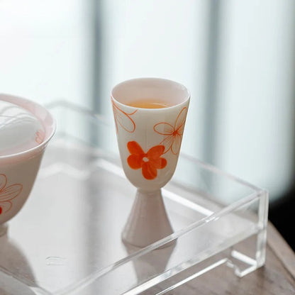 25ml Ceramic Handpainted Red Flower High Foot Cup Tea Tasting Fragrance Cup