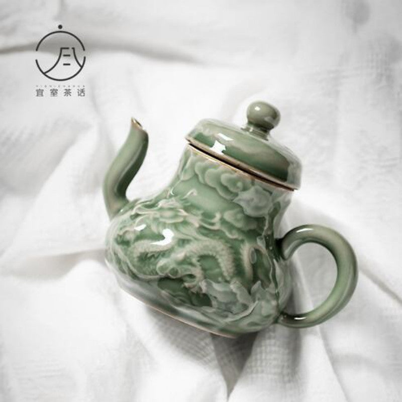 120ml Yue Kiln Celadon Plum Green Glaze Retro Handmade Relief Dragon Teapot