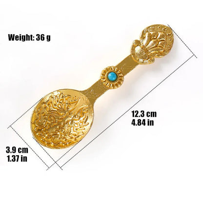 4.84" Golden Buddhist Spoon Inlaid Gem Alloy Auspicious Tibetan Buddhism