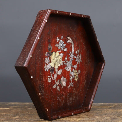 Precious solid wood, sandalwood wood carving, inlaid shell, cow hair, hexagonal