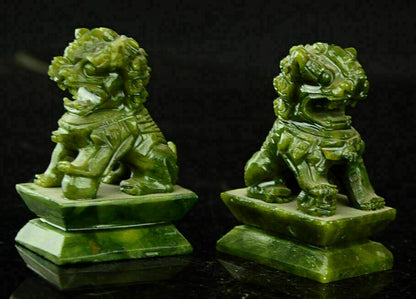 A Pair 100% China Natural Jade Hand-carved Statues Fo Dog Lion Rare
