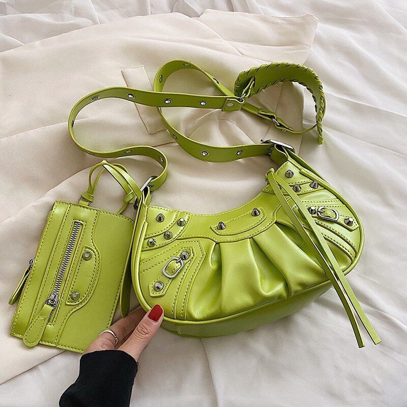 Half Moon Shape Leather Armpit Crossbody Bag Punk Style Vintage Handbag 2Pcs/set