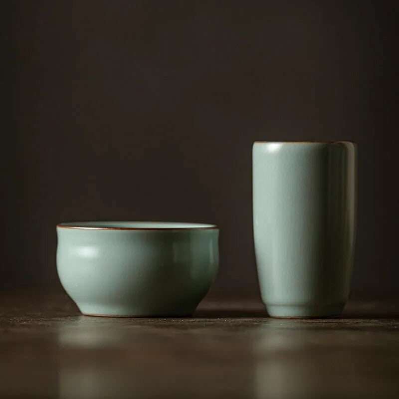 2pc Azure Porcelain Opening Single Cup Ru Kiln Ceramic Smelling Cup Tea Cup Set