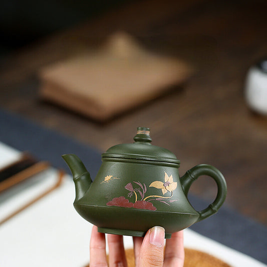 China Yixing Zisha Pottery Green Clay Handmade 200ML Lotus Teapot 荷香玉笠