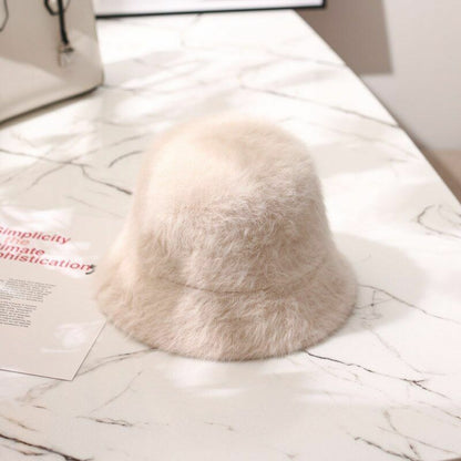 Hat Winter Women Solid Color Rabbit Fur Bucket Cap Fisherman Retro Knitted Wool