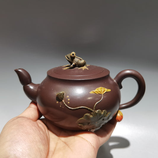 6.2" Chinese Yixing Zisha Pottery Old Purple Clay 280CC Frog Lotus Leaf Teapot