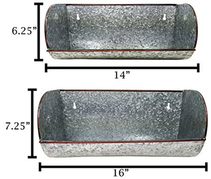 2 Piece Galvanized Wall Mount Flower Pot Set - 14" & 16" Long Planters