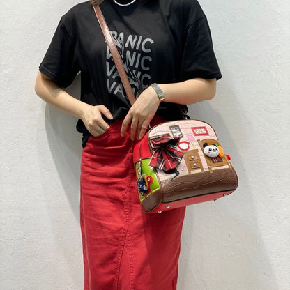 Synthetic Leather Patchwork Embroidery Shoulder Bag Messenger Handbag 23*24*15CM