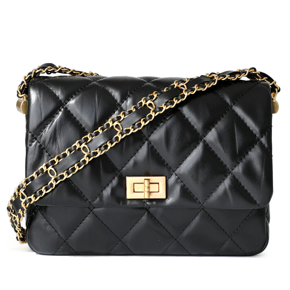 Small Mini Quilted Real Leather Flap Purse Clutch Handbag Shoulder Bag w/ Chains