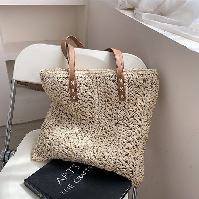 Straw Beach Shoulder Bags Summer Vacation Handbags Hand-Woven Tote Beige/Khaki