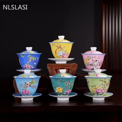 1PC Jingdezhen Gaiwan Enamel Color Tea Bowl Hand painted flower bird Teaset