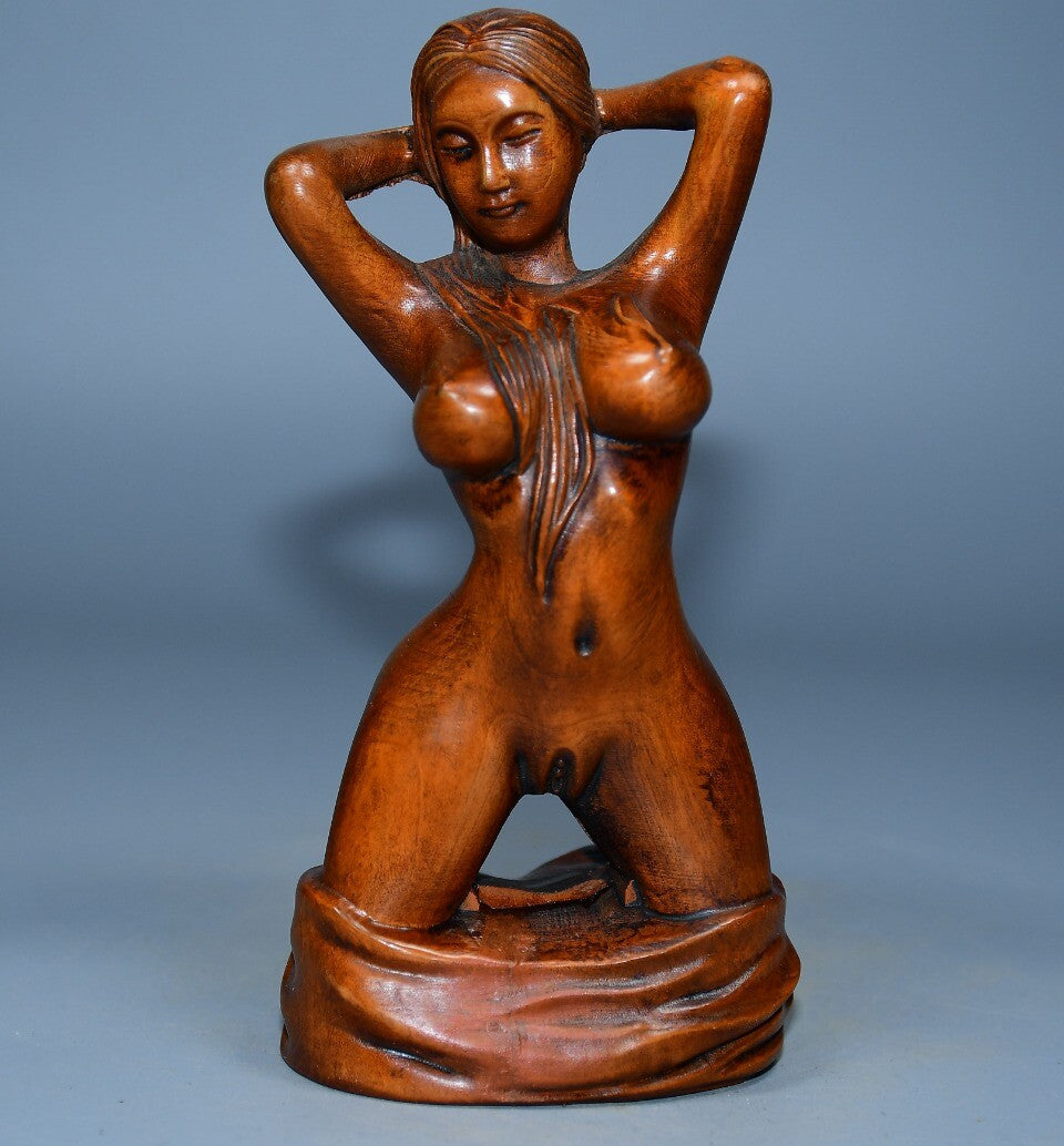 4.7" Collect Chinese Box-wood Carving Naked Beautiful Woman beauty knelt Statue
