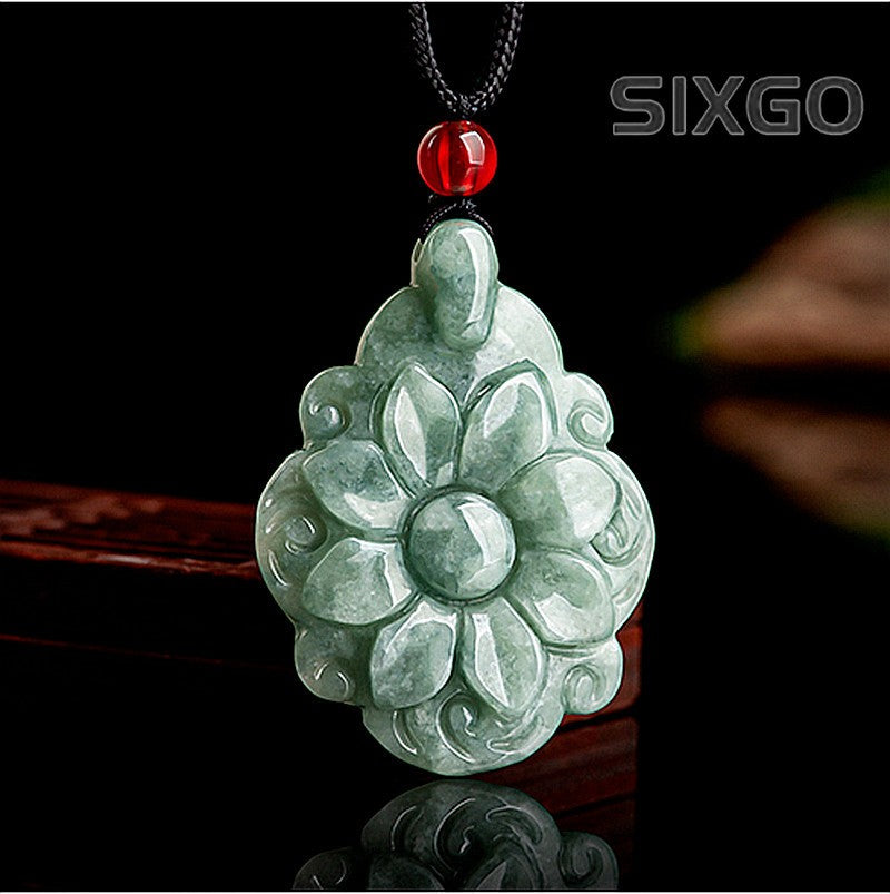 Natural Grade A Jade Jadeite Bean Green Longevity Flower Pendant Jade Pendant