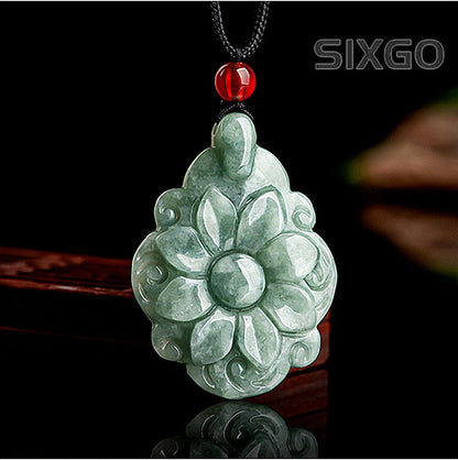 Natural Grade A Jade Jadeite Bean Green Longevity Flower Pendant Jade Pendant