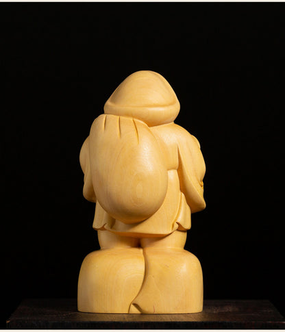 10CM Tall Daikokuten Boxwood Sculpture God of Wealth Wood Carving Statue