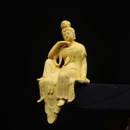 Chinese 100% Boxwood Wood Hand Carved Guanyin Kwan-yin buddha Statue table deco