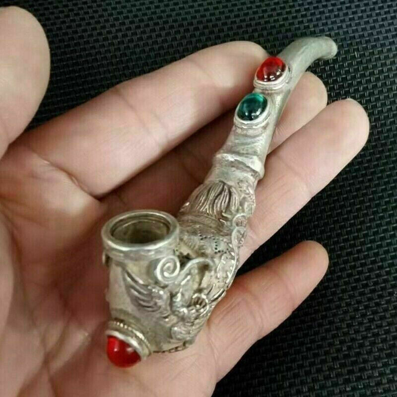 Old Chinese tibet silver hand-carved Dragon phoenix inlay gem pipe Smoking tools