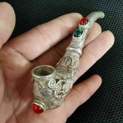 Old Chinese tibet silver hand-carved Dragon phoenix inlay gem pipe Smoking tools