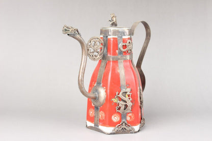 5.3" old Antique China Feng Shui Porcelain inlaid with Tibetan silver Teapot