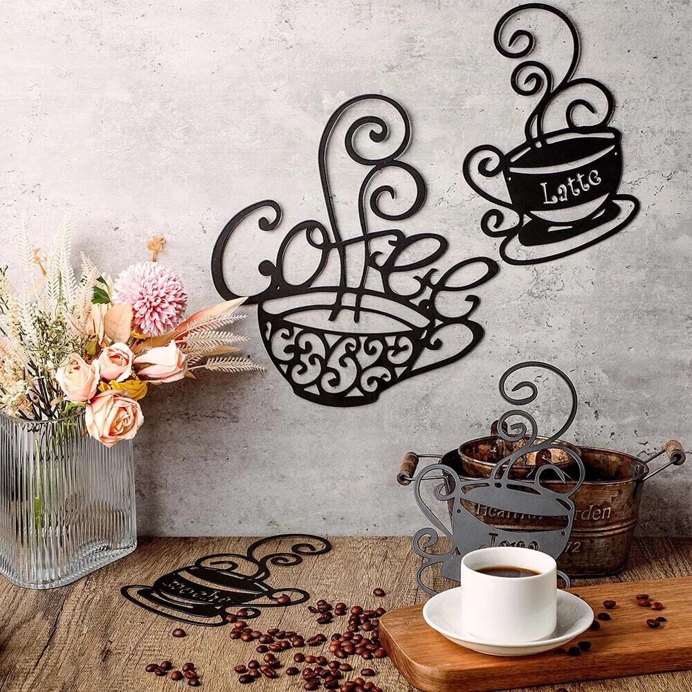 4pcs Coffee Metal Signs Black Silhouette Plaque Dining Room Kitchen Cafe Wall