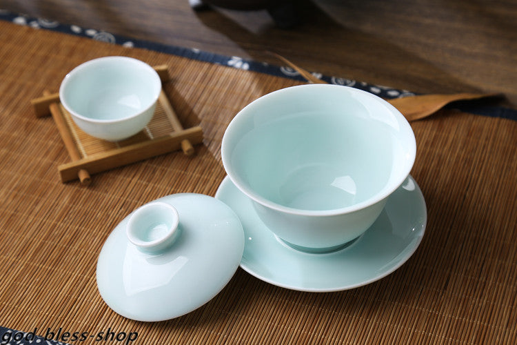 Jingdezhen Porcelain Gaiwan Celadon Tureen Covered Bowl With Lid Cup Saucer New