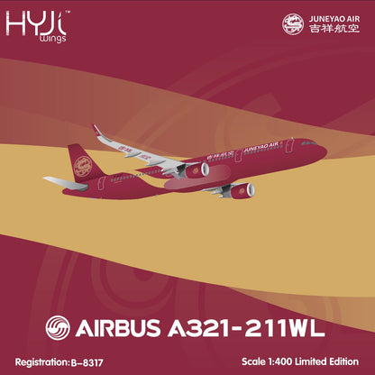 1/400 HYJLwings Juneyao Airlines Eastern Gem Red A321 B-8317 Airplane Model