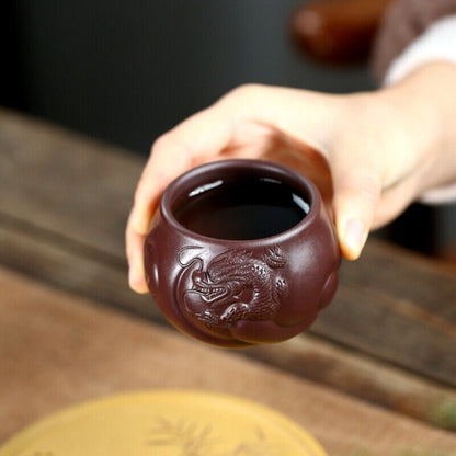 one cup true yixing zisha purple clay Chinese handmade dragon carved master cup