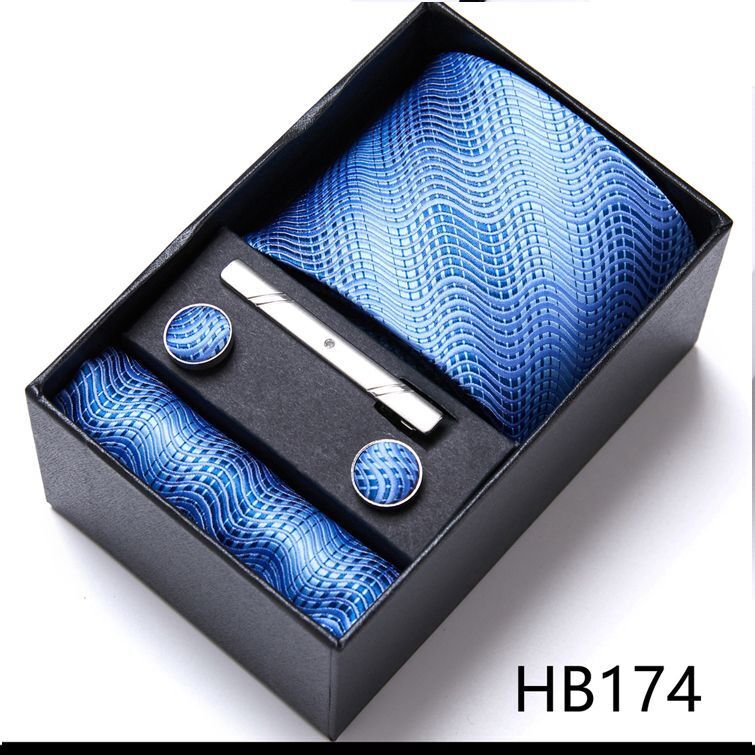 Men Neckties 5Pcs Business Ties Hanky Cufflink Set Clips Corbatas Gift Box 7.5cm