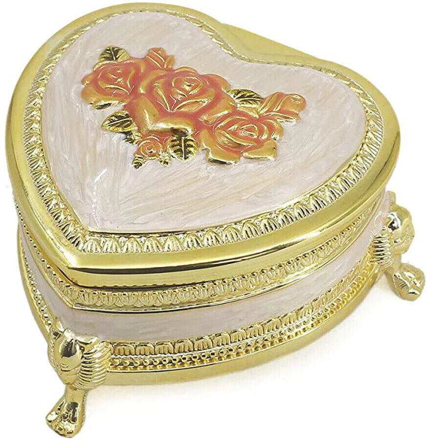 Music Box Emboss Alloy Metal Heart Shape Wind Up Movement Clockwork 10x9.8x5.6cm