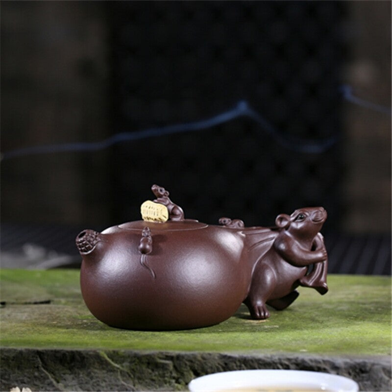 Full Handmade Tea Pot Creative Real Yixing Zisha Purple Clay Pot Mouse Statue