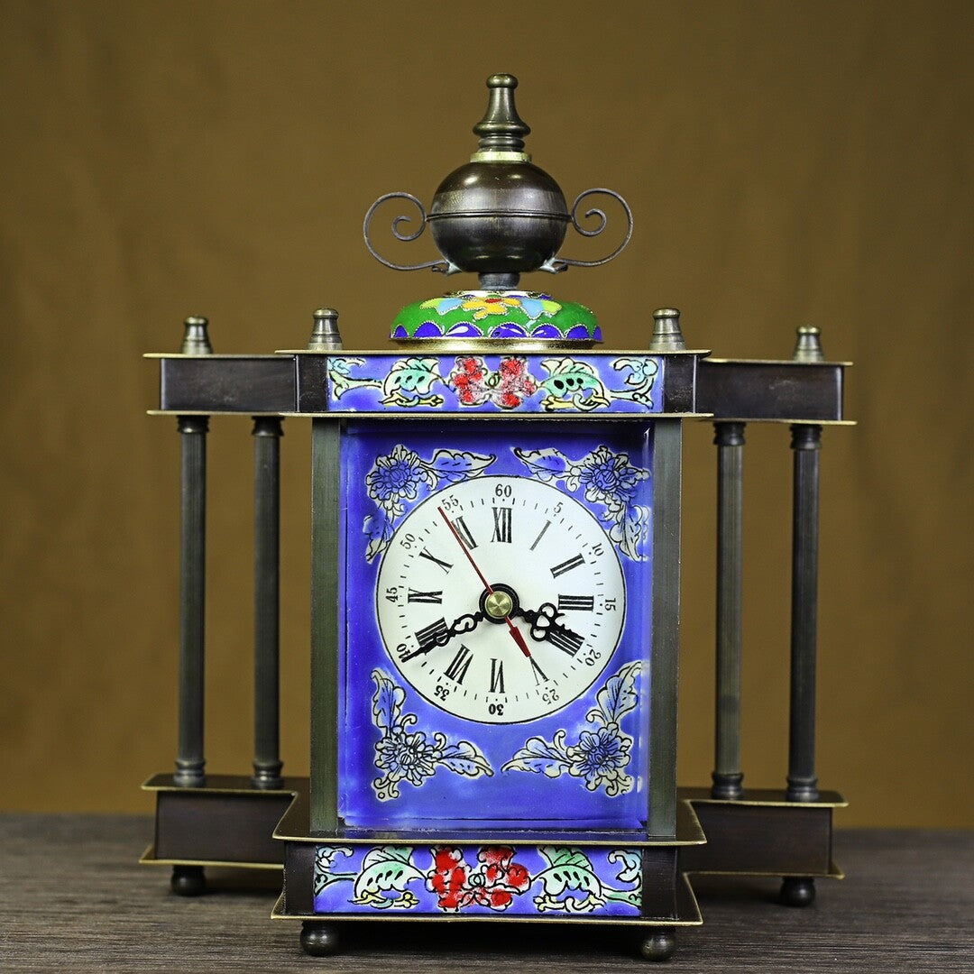 8.07" China Cloisonné Bronze Colour Enamels Flower Column Mechanical Desk Clock