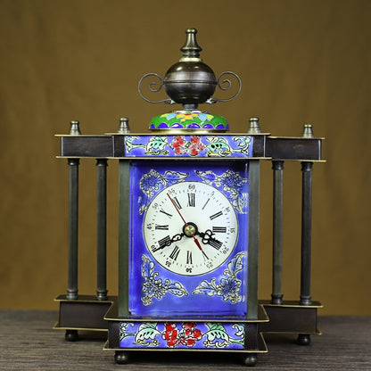 8.07" China Cloisonné Bronze Colour Enamels Flower Column Mechanical Desk Clock