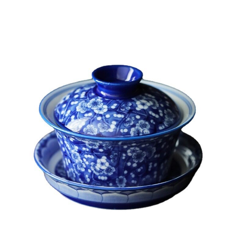 Blue and White Porcelain Gaiwan Full Color Porcelain Set Three-Piece Tea Tureen