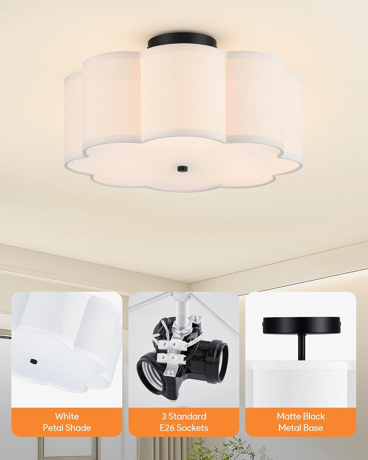 Semi-Flush Mount Ceiling Light, 15.7" Modern 3-Light Ceiling Light Fixture with